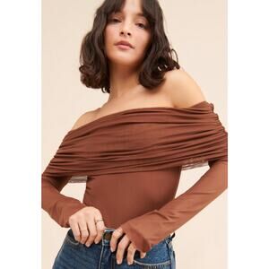 AFRM Maxine Off the Shoulder Marrowed Edge Thong Bodysuit in Chestnut. Size XS